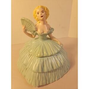 Vintage Victorian Blue Lady Trinket Box Jewelry/Powder/Dresser Box Ceramic